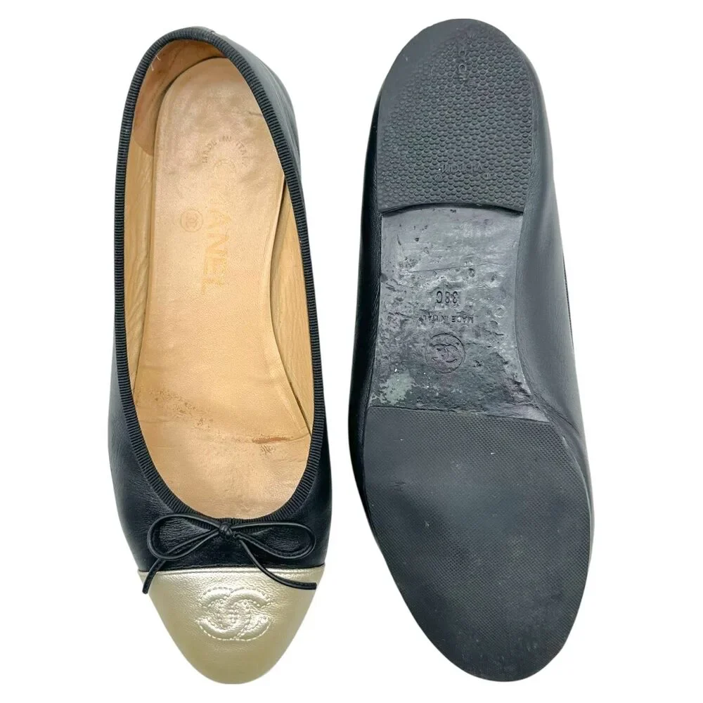 Chanel Metallic Gold & Black Canvas Logo Ballet Flats - Picture 3 of 10